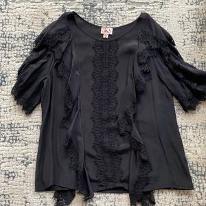AKA New York Black silk and lace cold shoulder short sleeve top M
